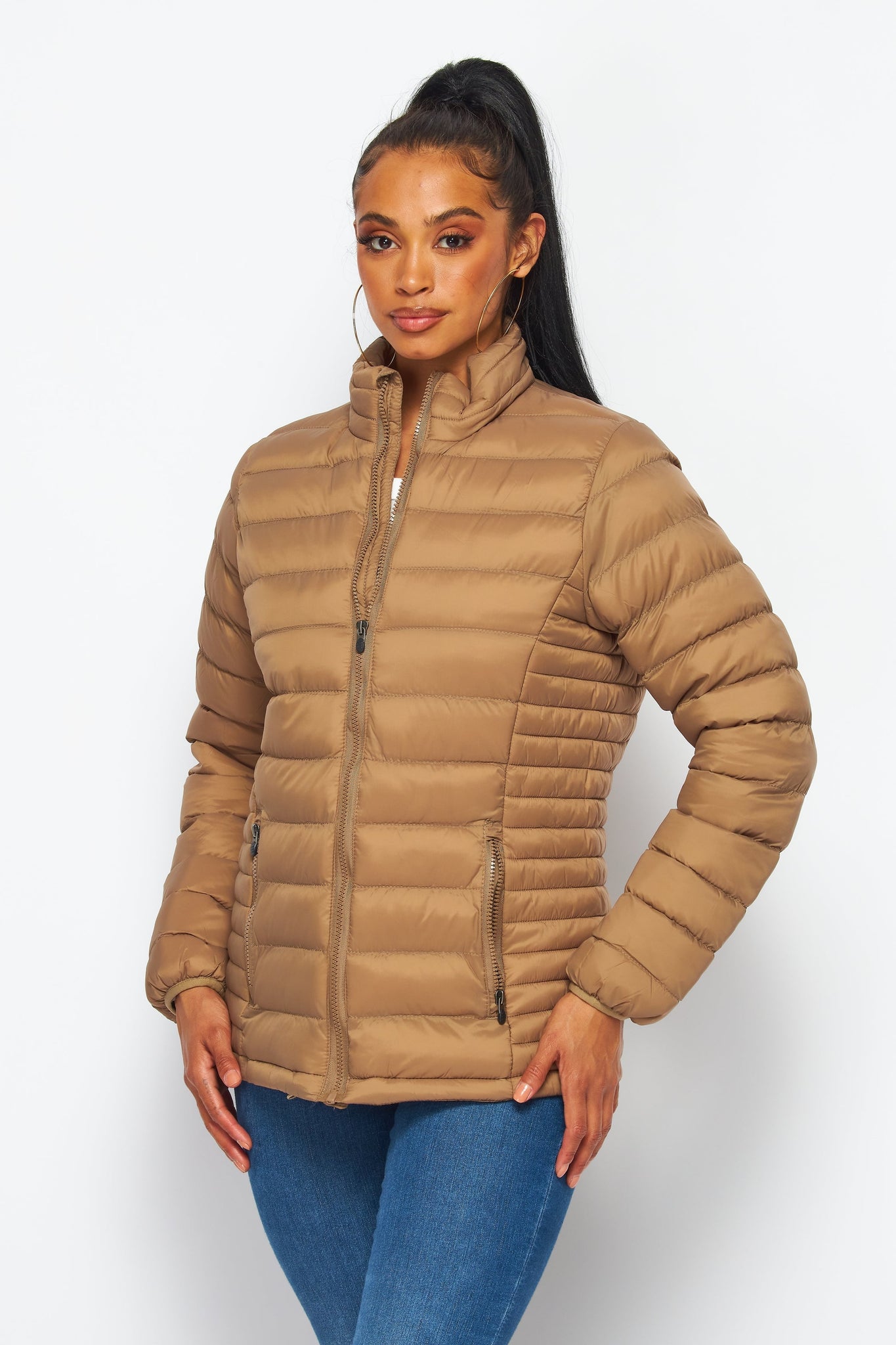 Women's Soft Coated Winter Puffer Jackets-LJ640 - KHAKI