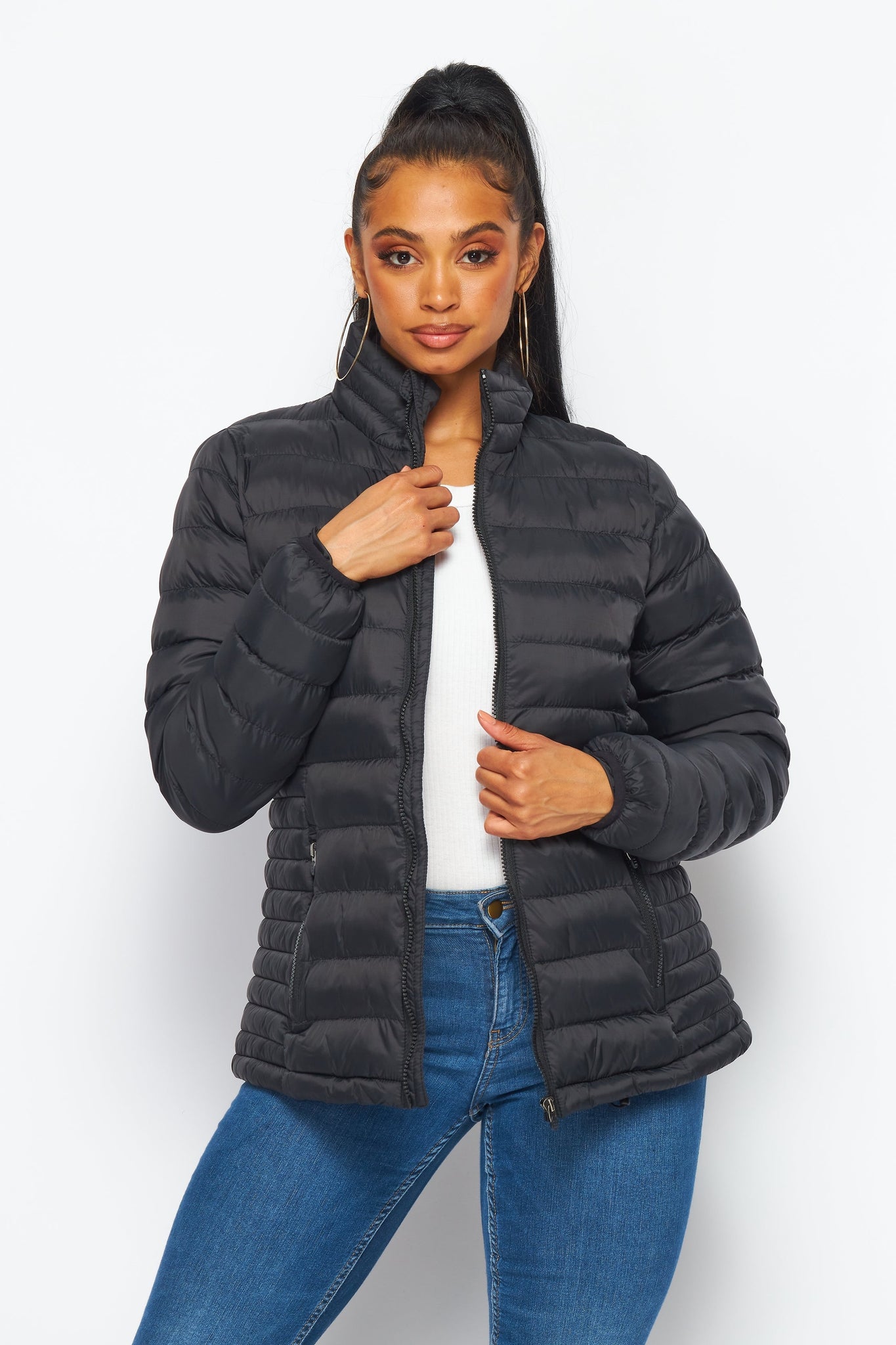 Women's Soft Coated Winter Puffer Jackets-LJ640 - BLACK