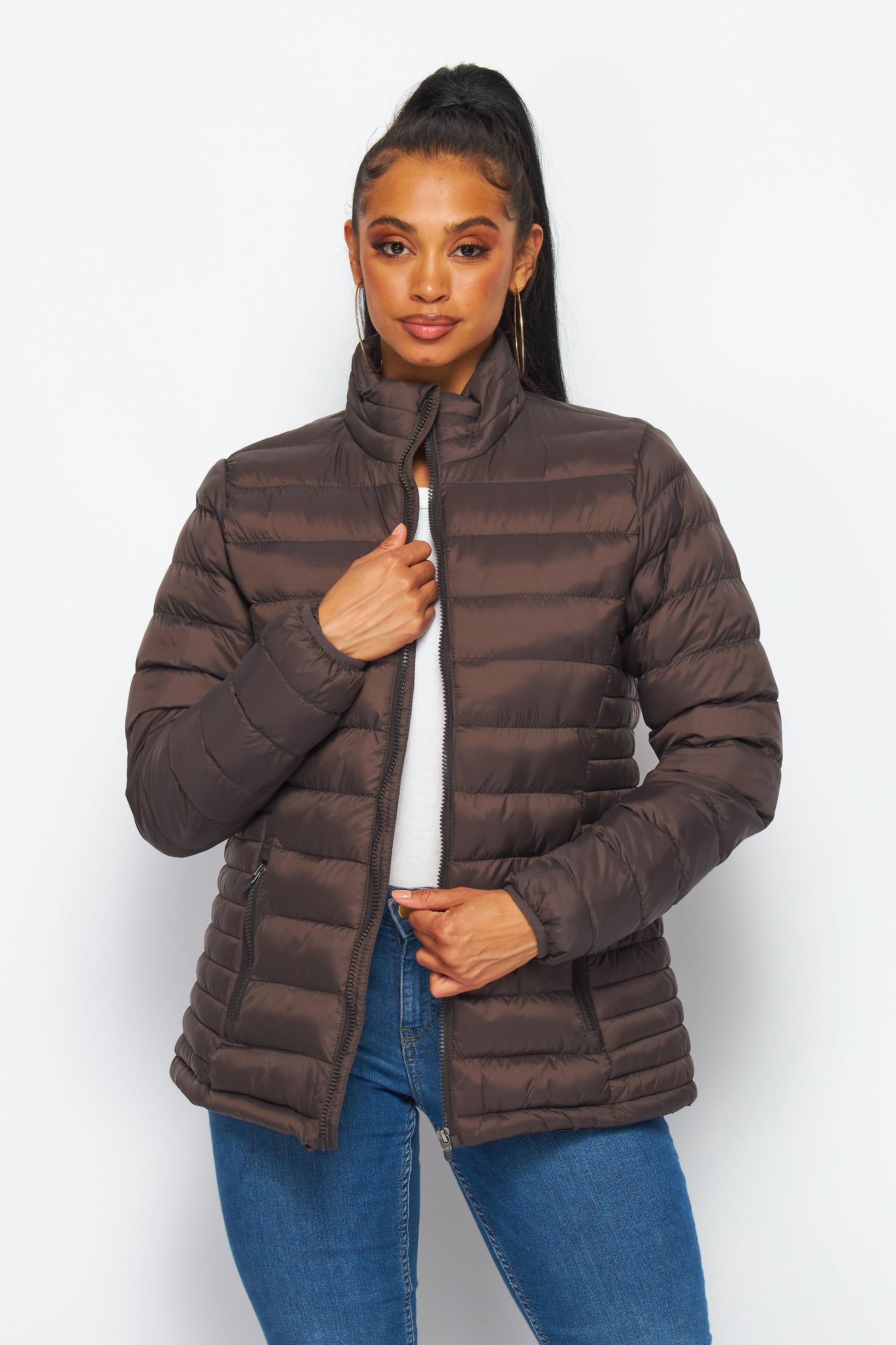 Women's Soft Coated Winter Puffer Jackets-LJ640-BROWN - Rodeo Clothing wholesale 