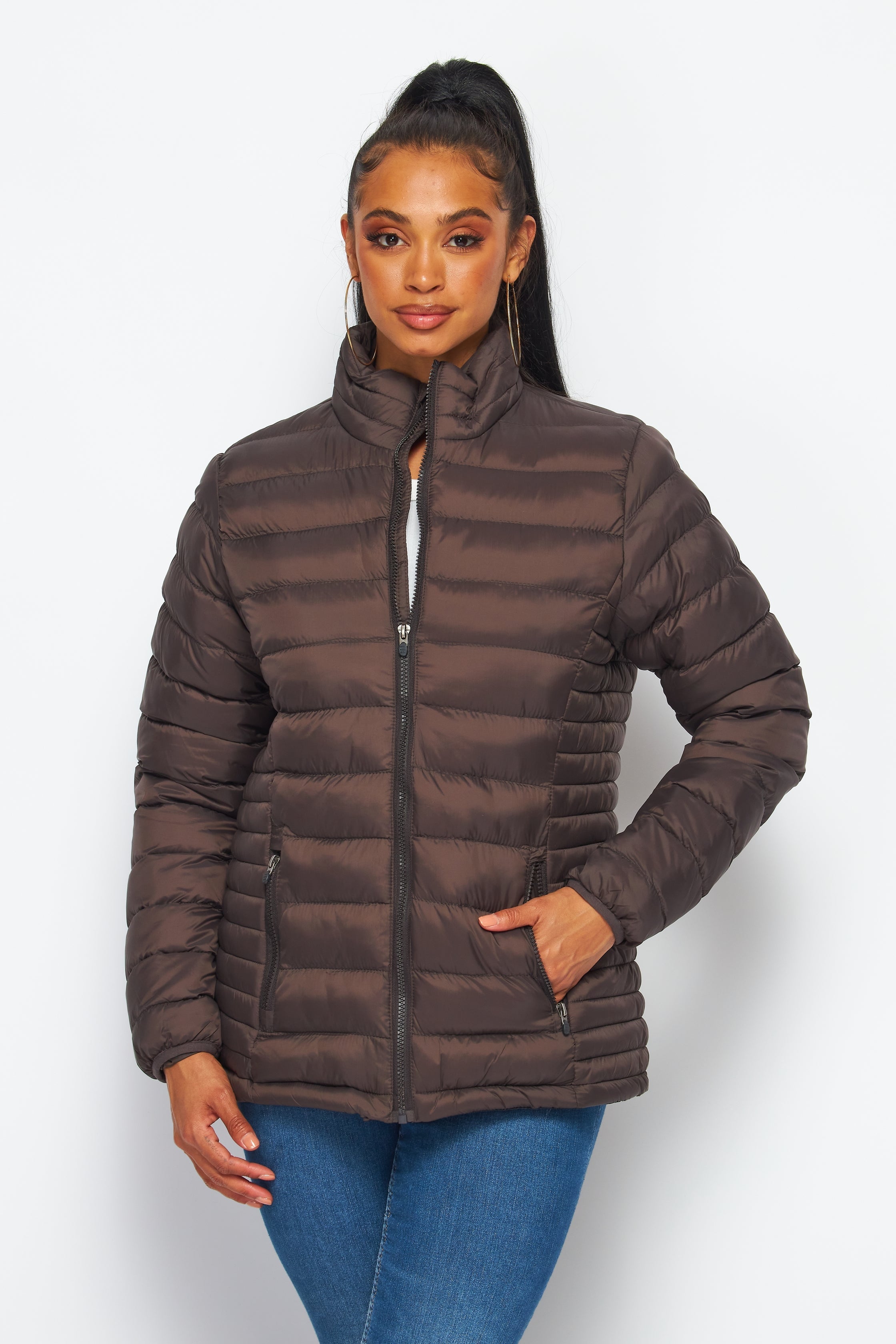 Women's Soft Coated Winter Puffer Jackets-LJ640-BROWN - Rodeo Clothing wholesale 