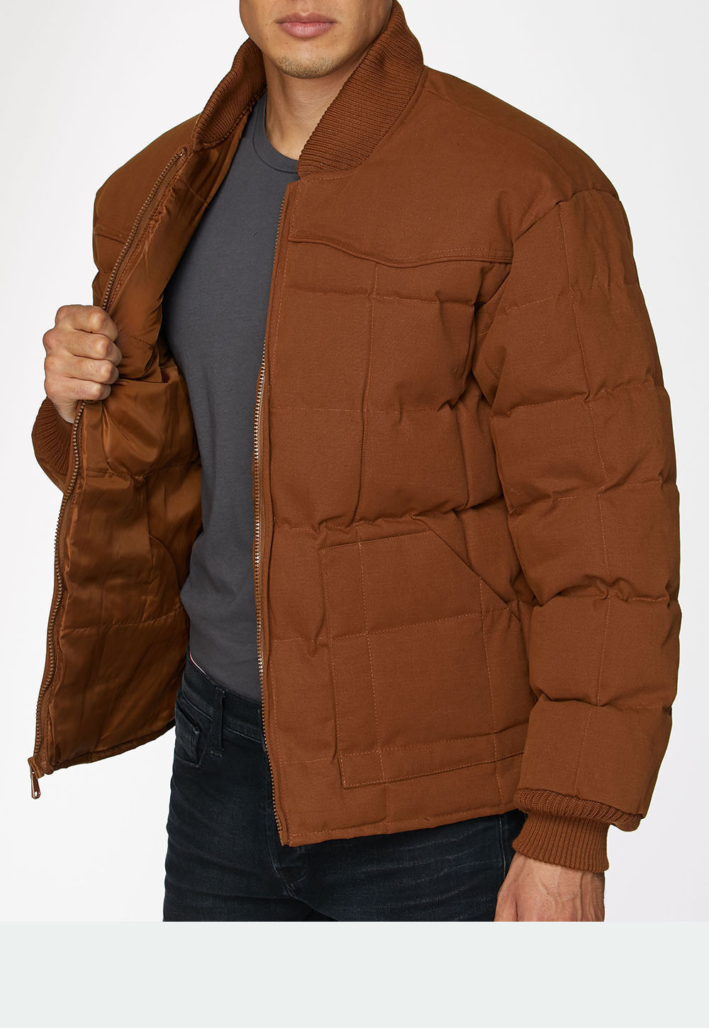 Men's Canvas Quilted Puffer Jacket-ACJ29-Cognac - Rodeo Clothing wholesale 