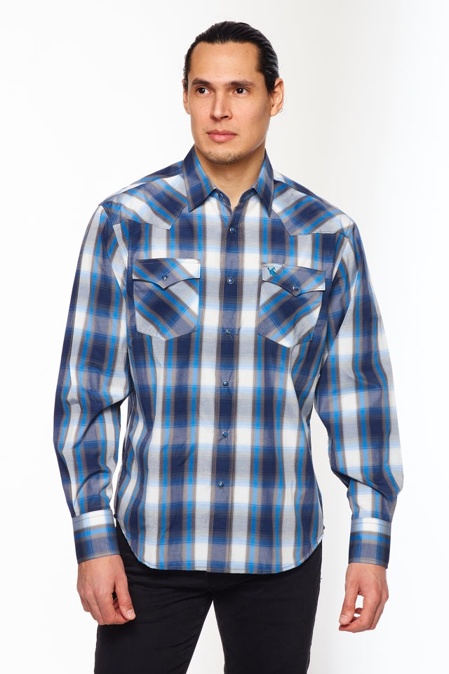 Men's Western Long Sleeve Pearl Snap Plaid Shirt-PS400-491 - Rodeo Clothing wholesale 