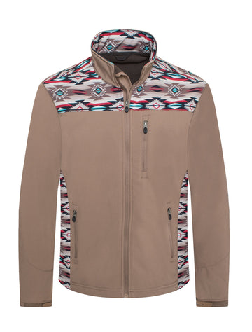 Men's Soft Shell Bonded Jacket With Western Aztec Print-NJ650EMB-AZ-KHAKI-BROWN - Rodeo Clothing wholesale 