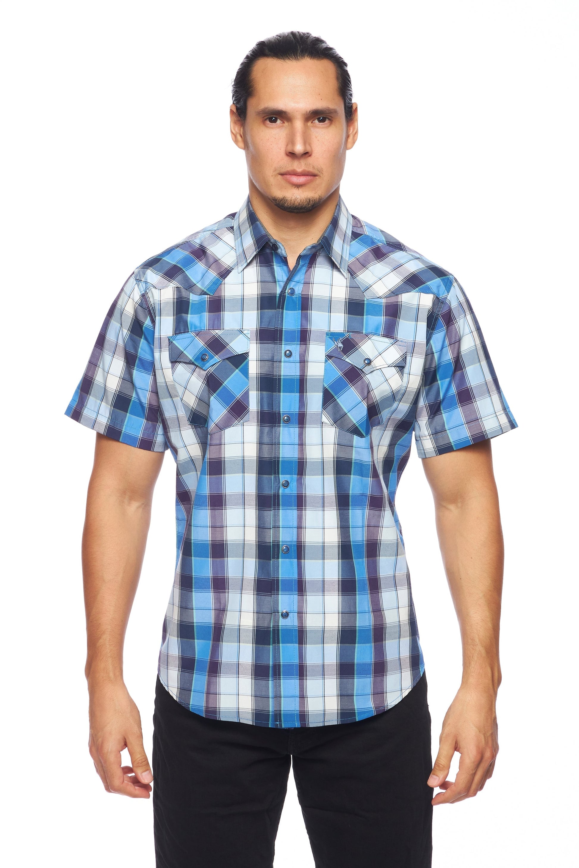 Men's Western Short Sleeve Pearl Snaps Plaid Shirt-PS400S-468 - Rodeo Clothing wholesale 