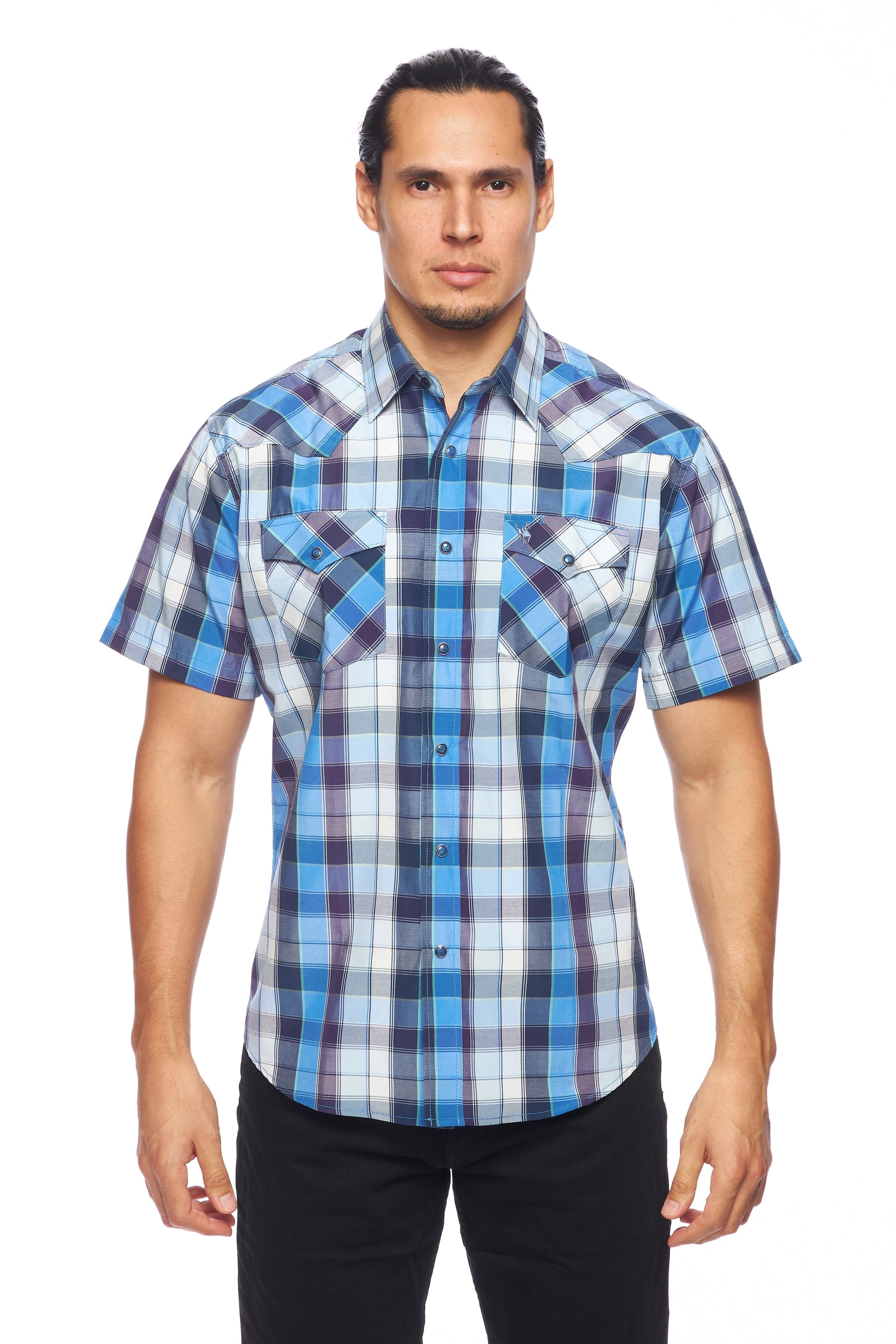 Men's Western Short Sleeve Pearl Snaps Plaid Shirt-PS400S-468 - Rodeo Clothing wholesale 
