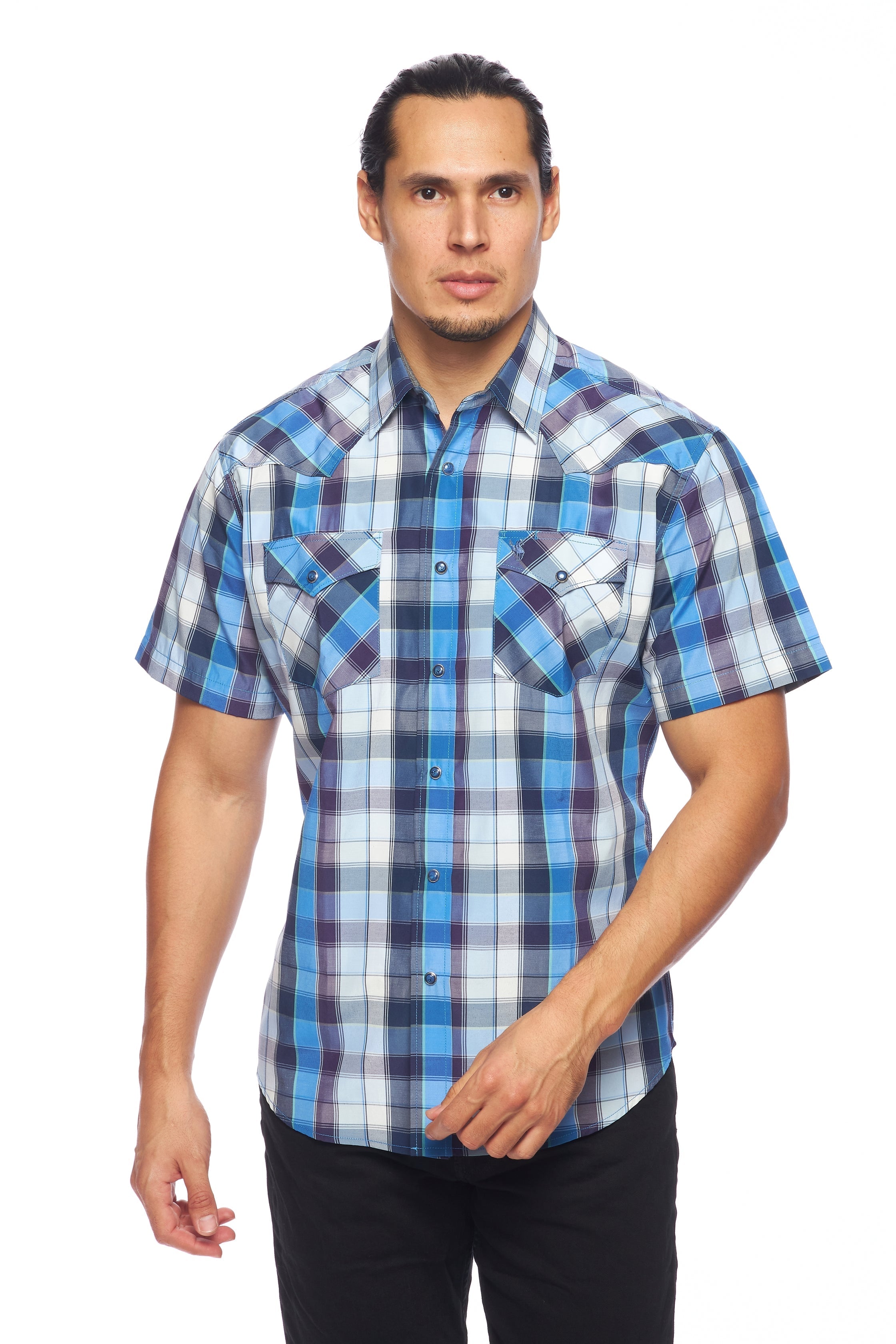 Men's Western Short Sleeve Pearl Snaps Plaid Shirt-PS400S-468 - Rodeo Clothing wholesale 