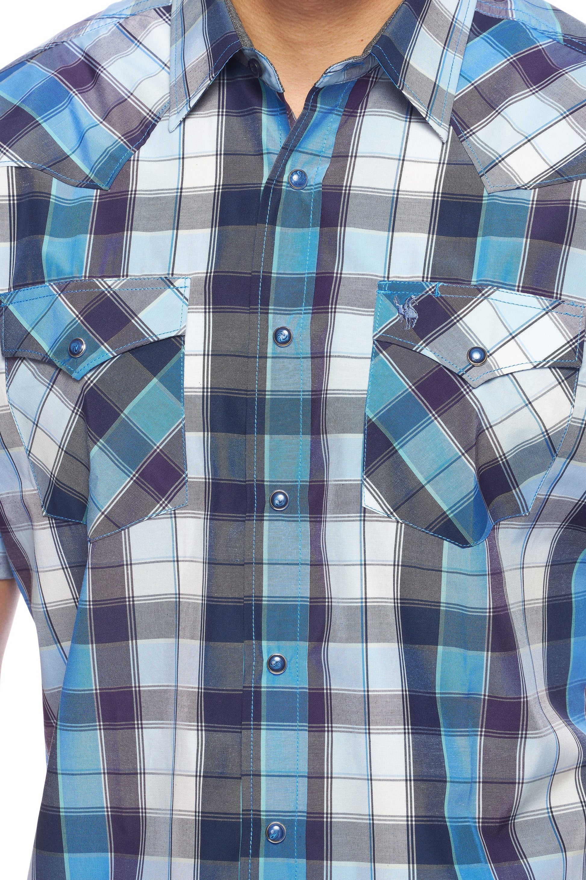 Men's Western Short Sleeve Pearl Snaps Plaid Shirt-PS400S-468 - Rodeo Clothing wholesale 