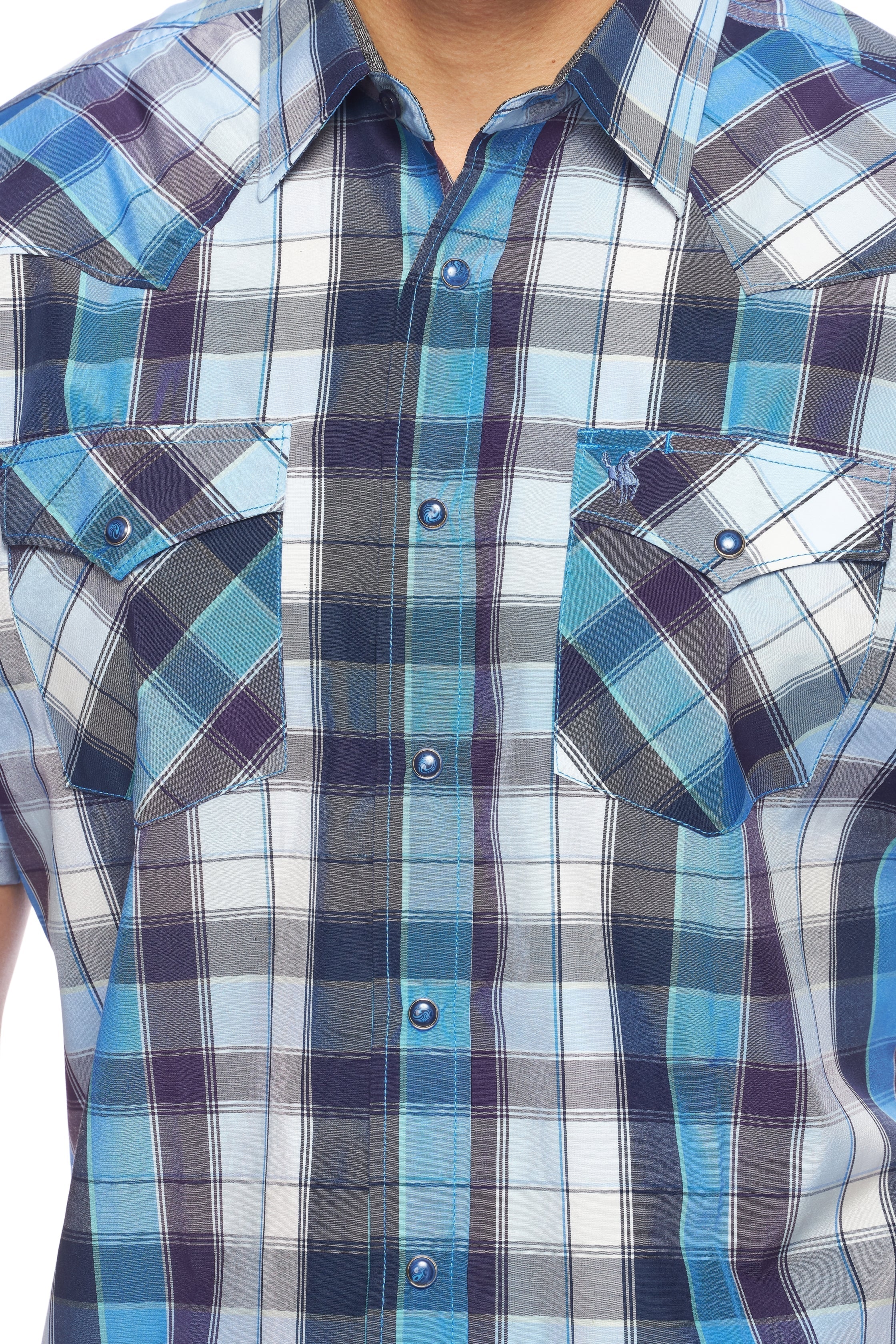 Men's Western Short Sleeve Pearl Snaps Plaid Shirt-PS400S-468 - Rodeo Clothing wholesale 