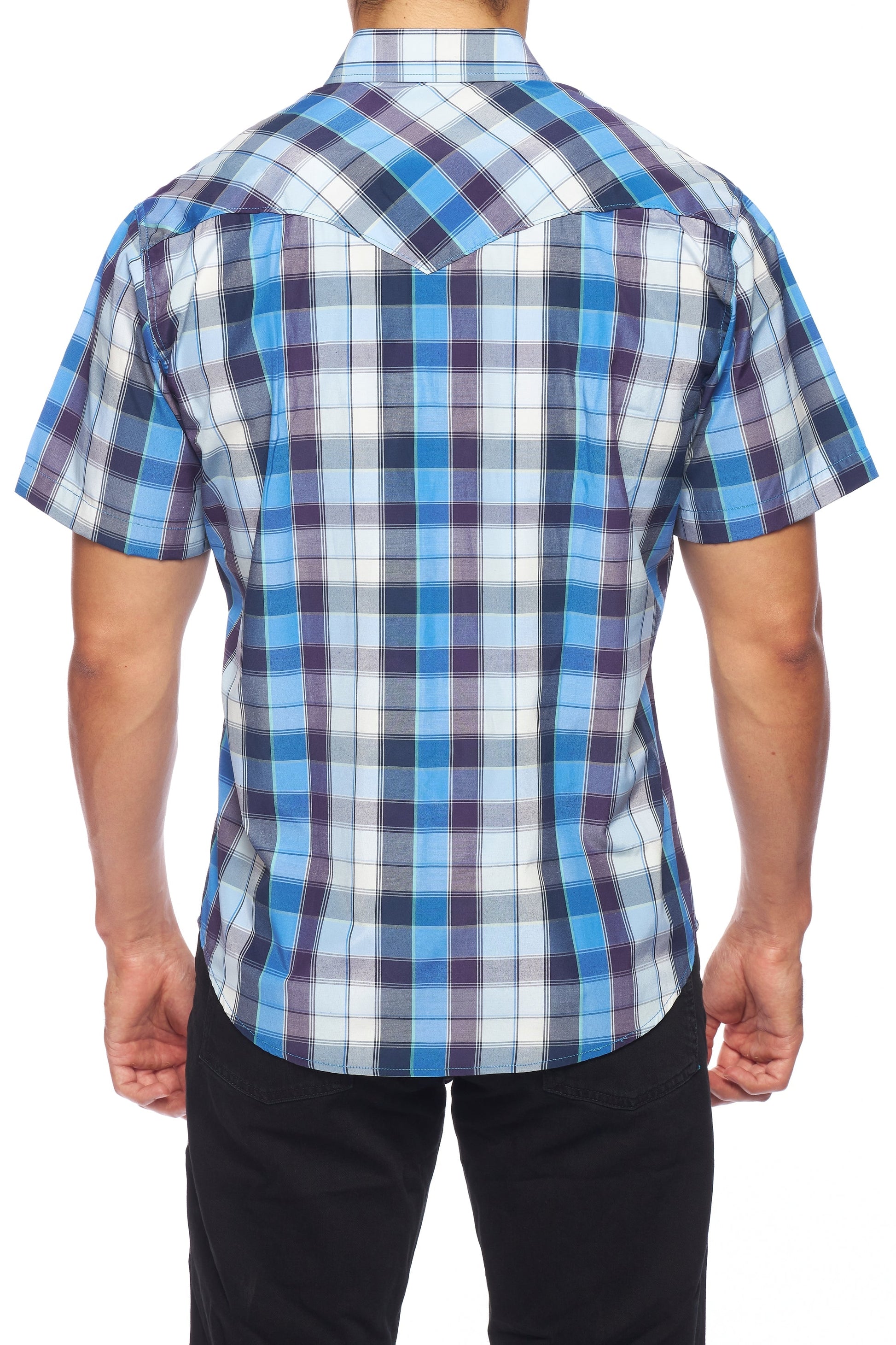 Men's Western Short Sleeve Pearl Snaps Plaid Shirt-PS400S-468 - Rodeo Clothing wholesale 