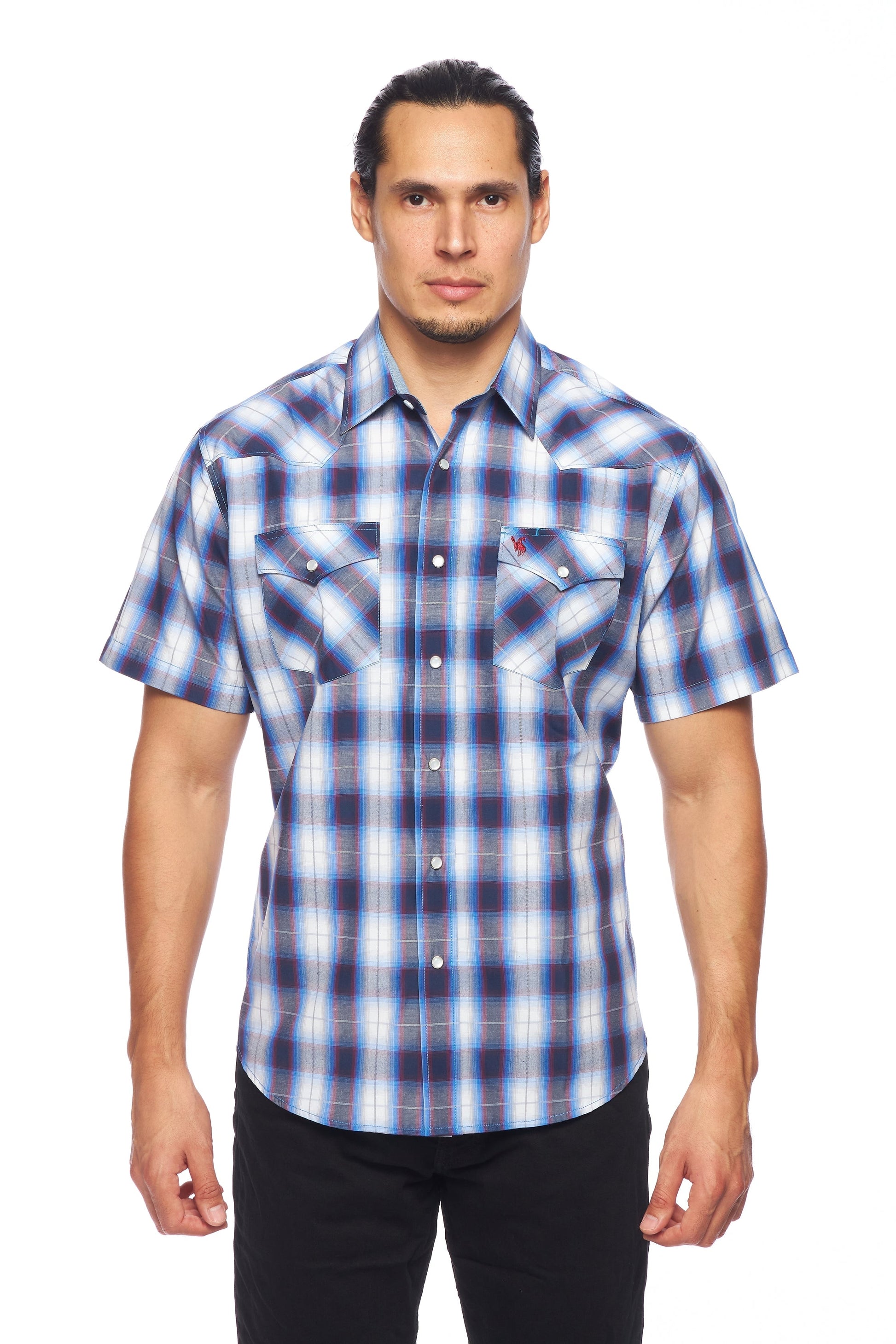 Men's Western Short Sleeve Pearl Snaps Plaid Shirt-PS400S-470 - Rodeo Clothing wholesale 