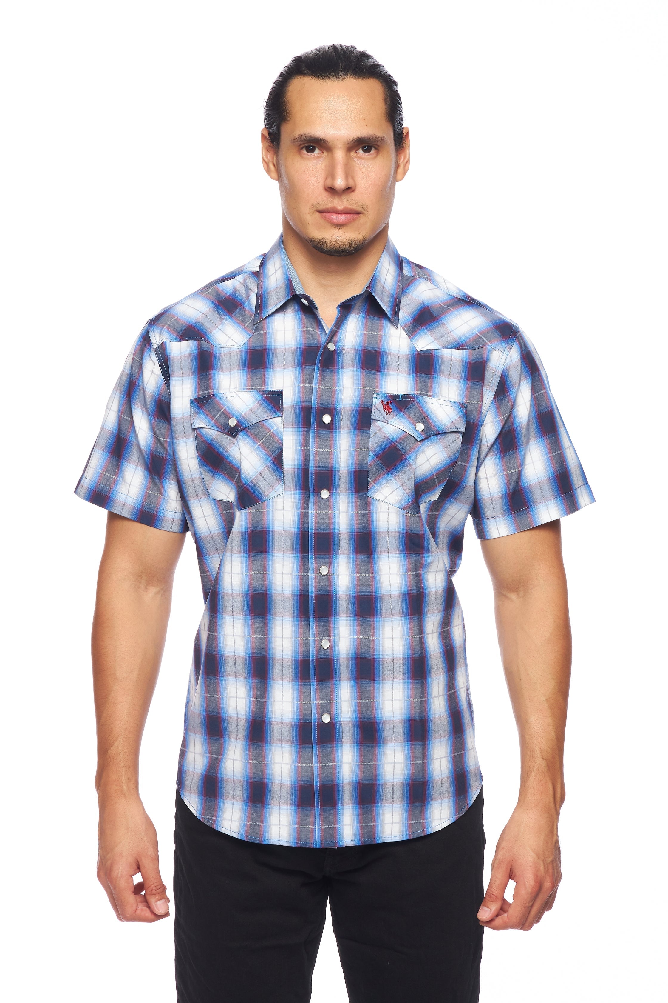 Men's Western Short Sleeve Pearl Snaps Plaid Shirt-PS400S-470 - Rodeo Clothing wholesale 