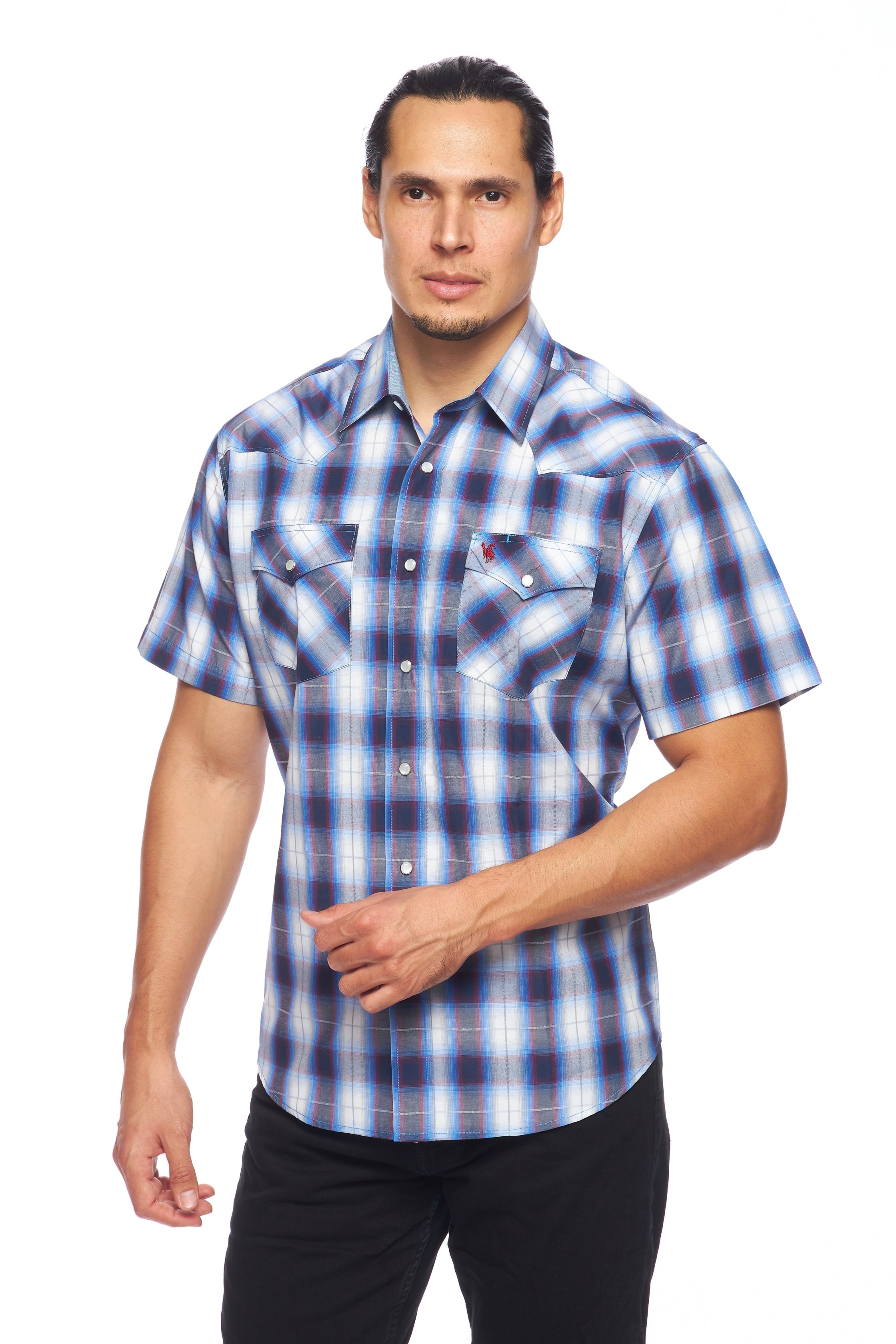 Men's Western Short Sleeve Pearl Snaps Plaid Shirt-PS400S-470 - Rodeo Clothing wholesale 
