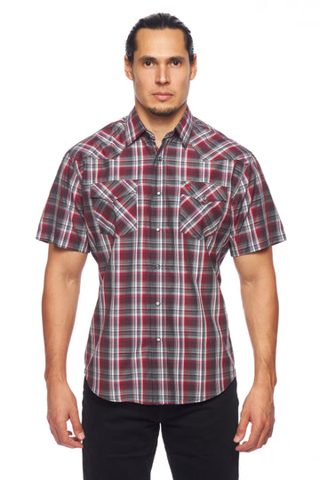 Men's Western Short Sleeve Pearl Snaps Plaid Shirt-PS400S-477 - Rodeo Clothing wholesale 