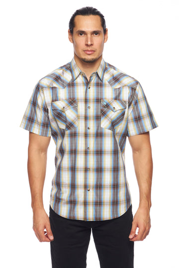 Men's Western Short Sleeve Pearl Snaps Plaid Shirt-PS400S-492 - Rodeo Clothing wholesale 