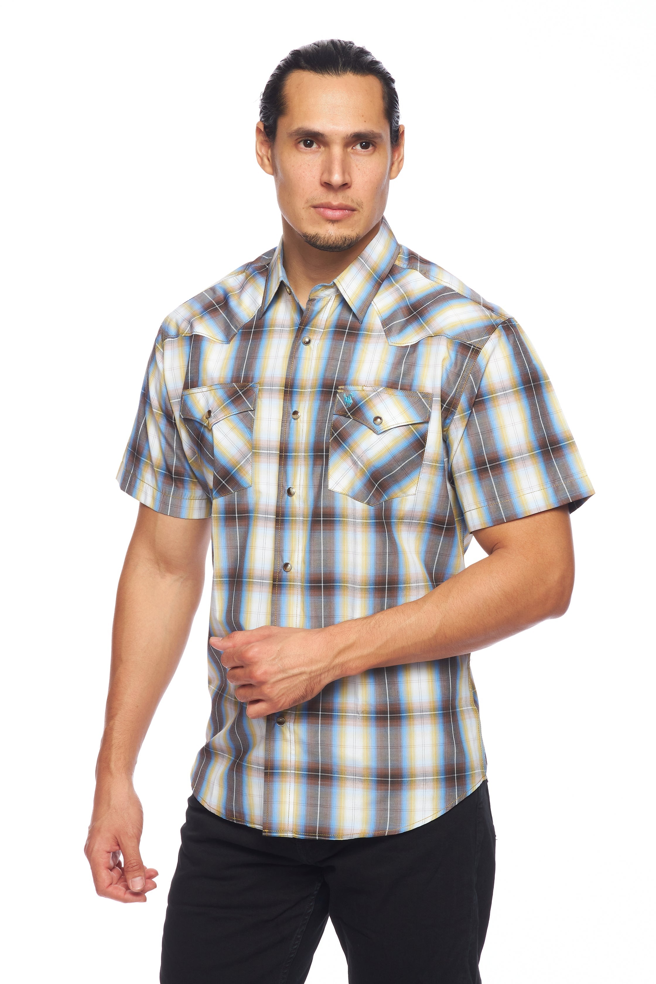 Men's Western Short Sleeve Pearl Snaps Plaid Shirt-PS400S-492 - Rodeo Clothing wholesale 