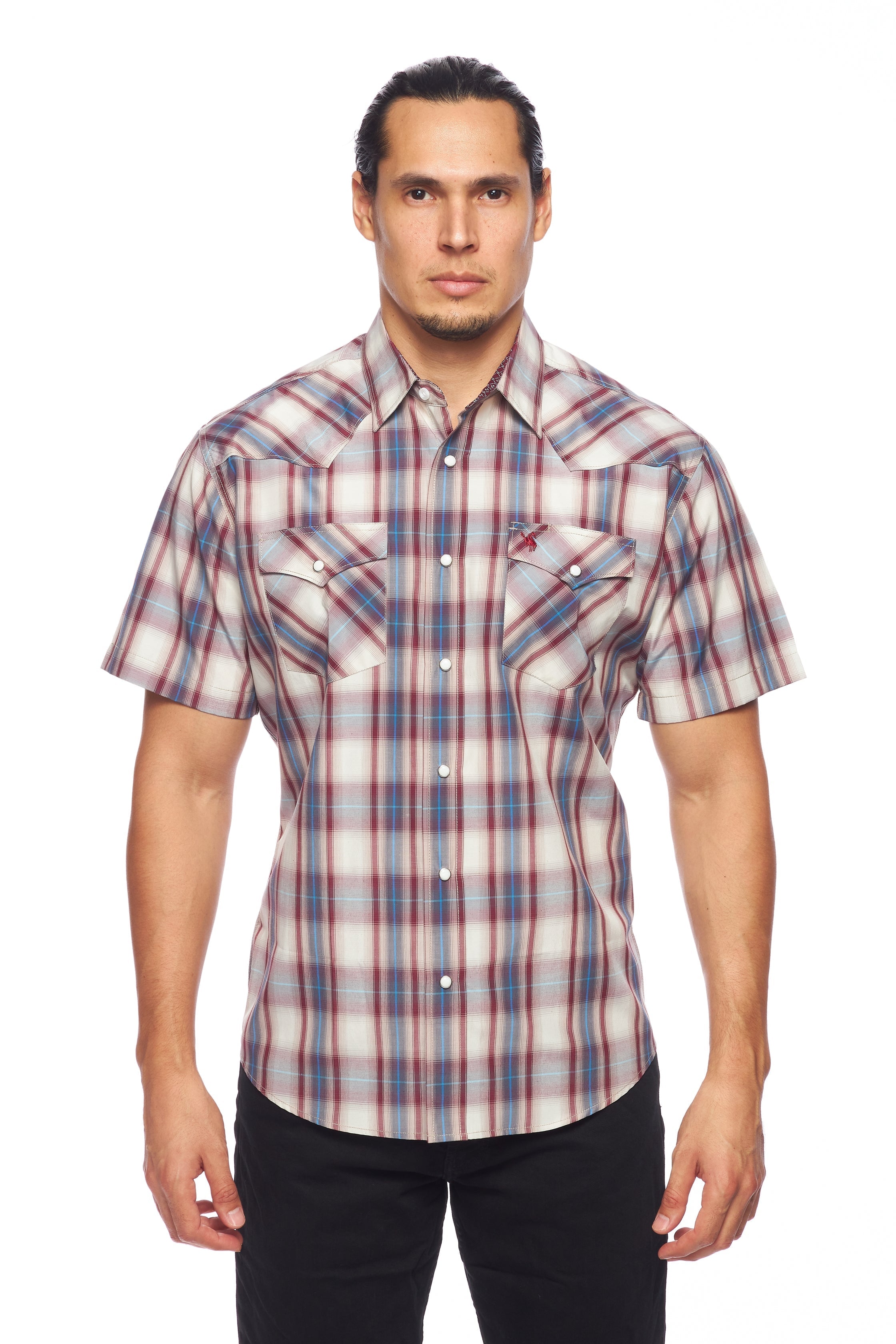 Men's Western Short Sleeve Pearl Snaps Plaid Shirt-PS400S-406 - Rodeo Clothing wholesale 