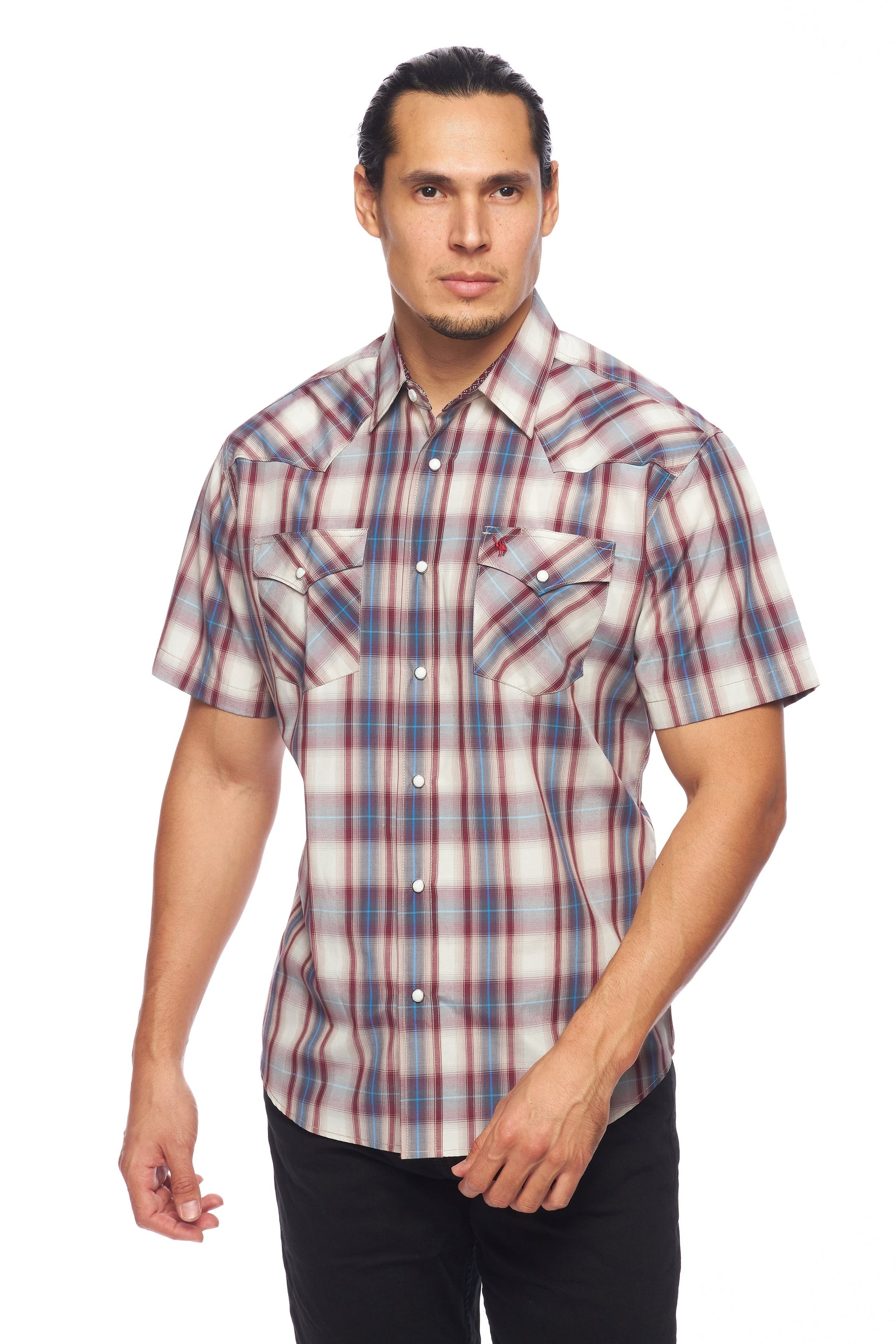 Men's Western Short Sleeve Pearl Snaps Plaid Shirt-PS400S-406 - Rodeo Clothing wholesale 