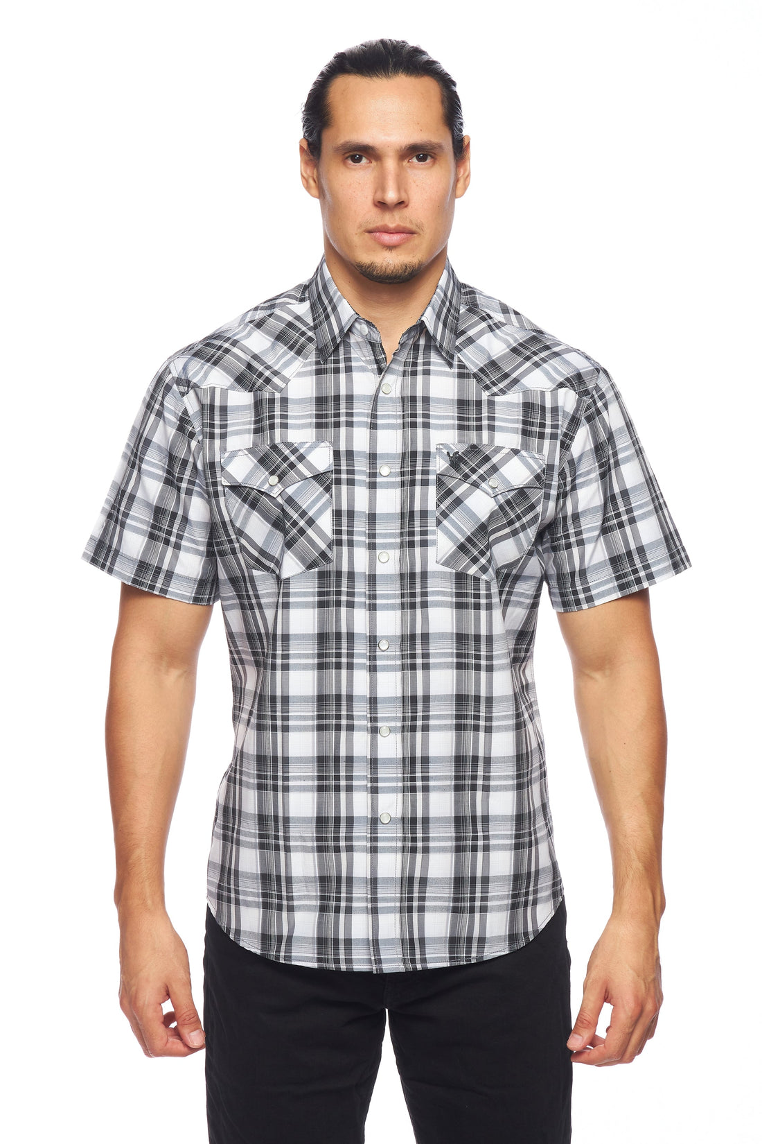 Men's Western Short Sleeve Pearl Snaps Plaid Shirt-PS400S-472 - Rodeo Clothing wholesale 