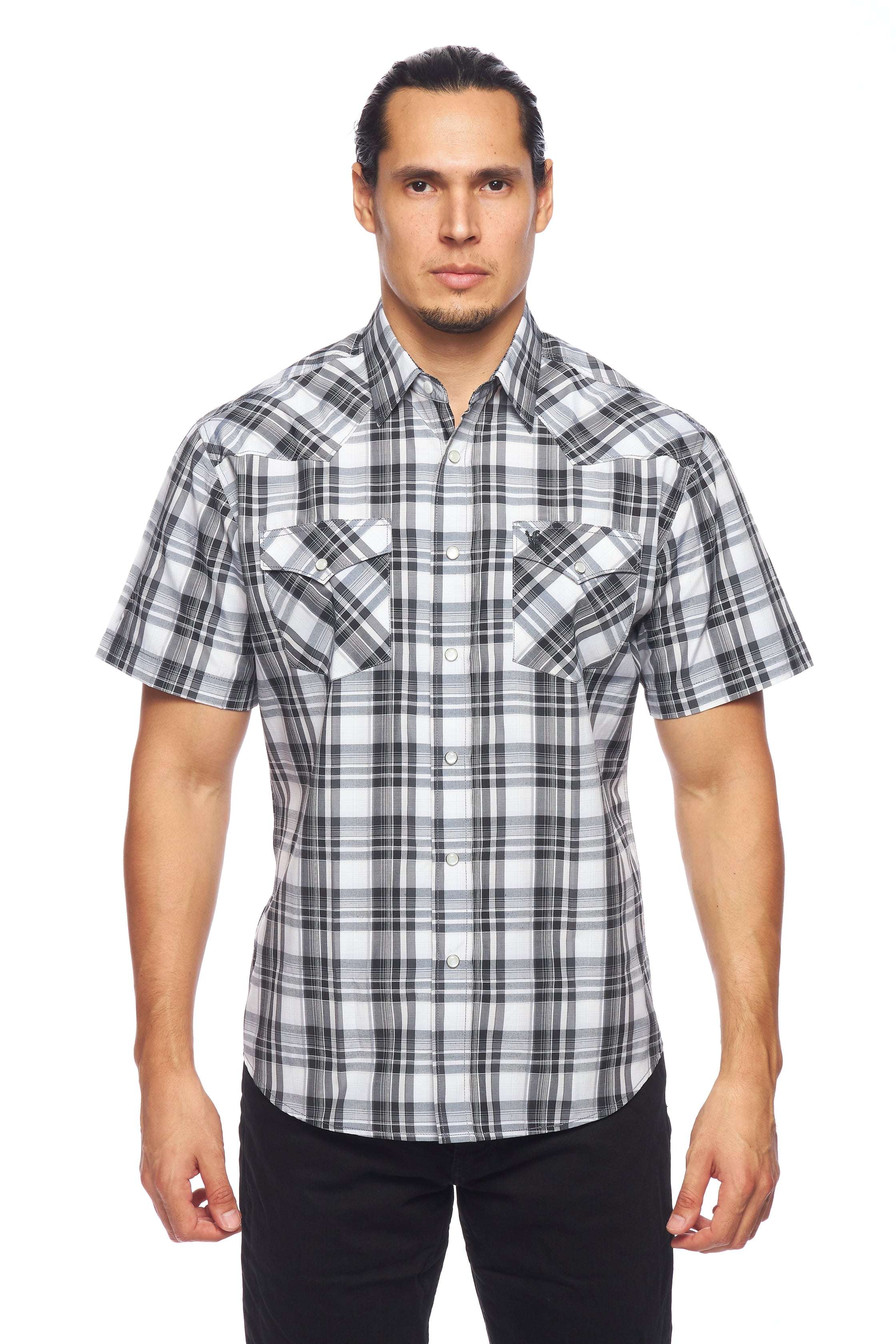 Men's Western Short Sleeve Pearl Snaps Plaid Shirt-PS400S-472 - Rodeo Clothing wholesale 
