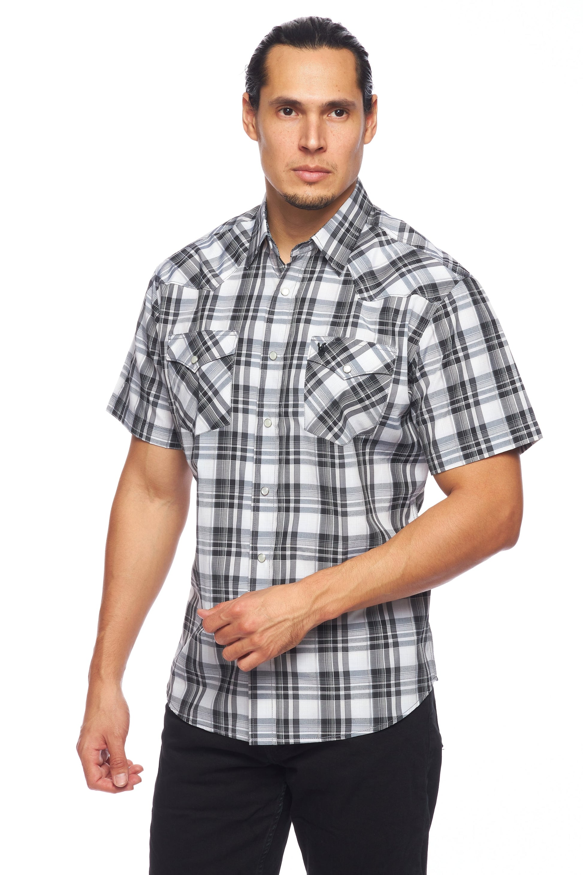 Men's Western Short Sleeve Pearl Snaps Plaid Shirt-PS400S-472 - Rodeo Clothing wholesale 