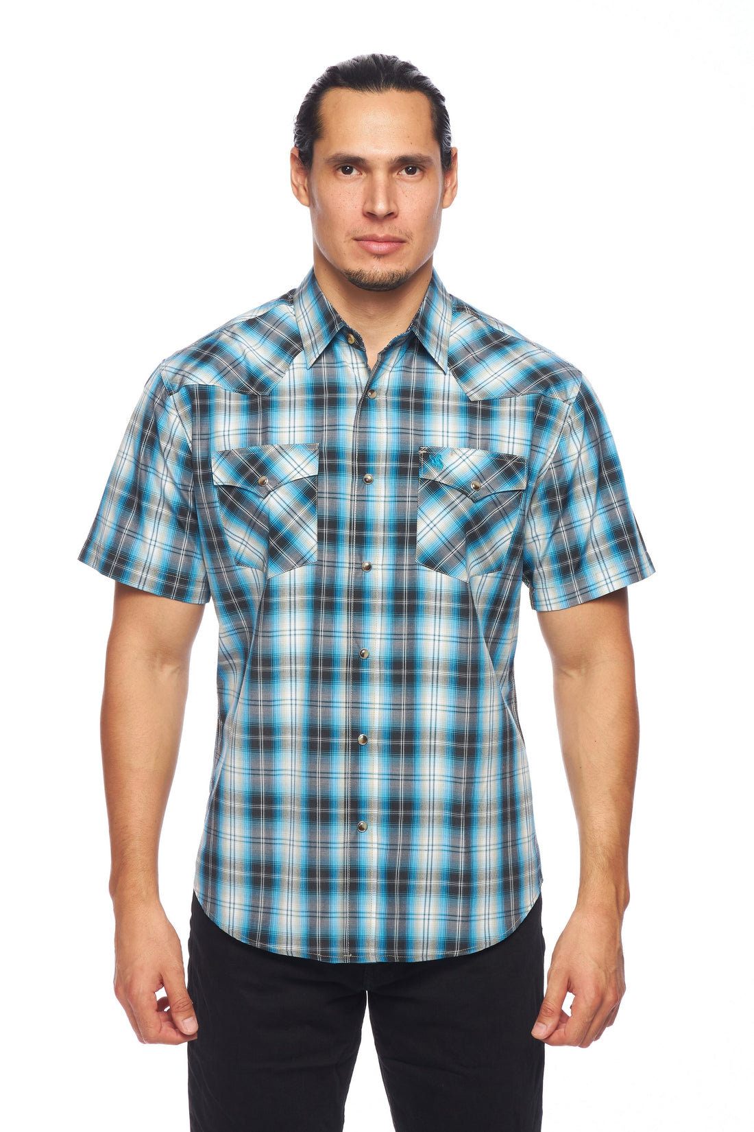 Men's Western Short Sleeve Pearl Snaps Plaid Shirt-PS400S-478 - Rodeo Clothing wholesale 