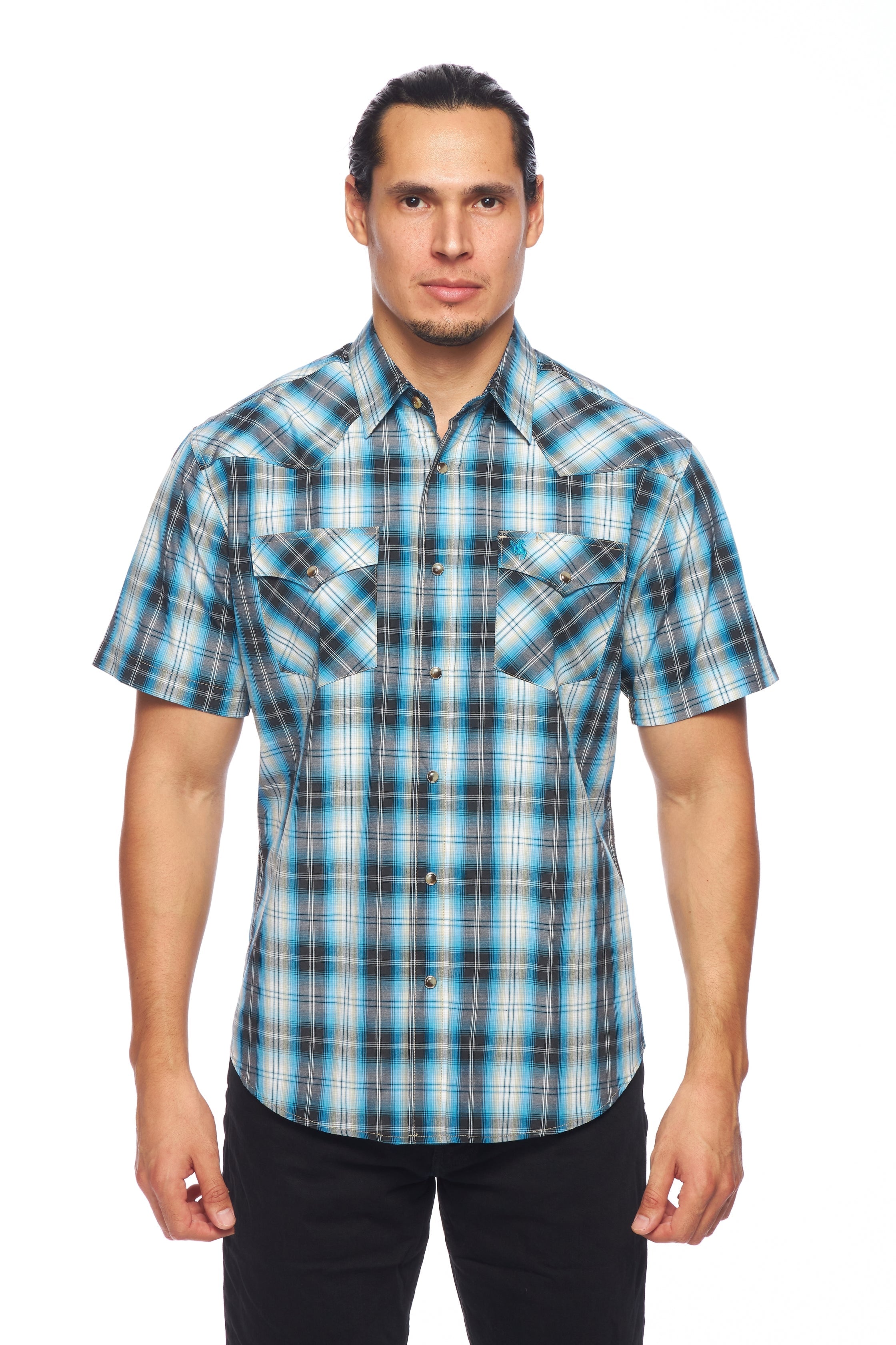 Men's Western Short Sleeve Pearl Snaps Plaid Shirt-PS400S-478 - Rodeo Clothing wholesale 