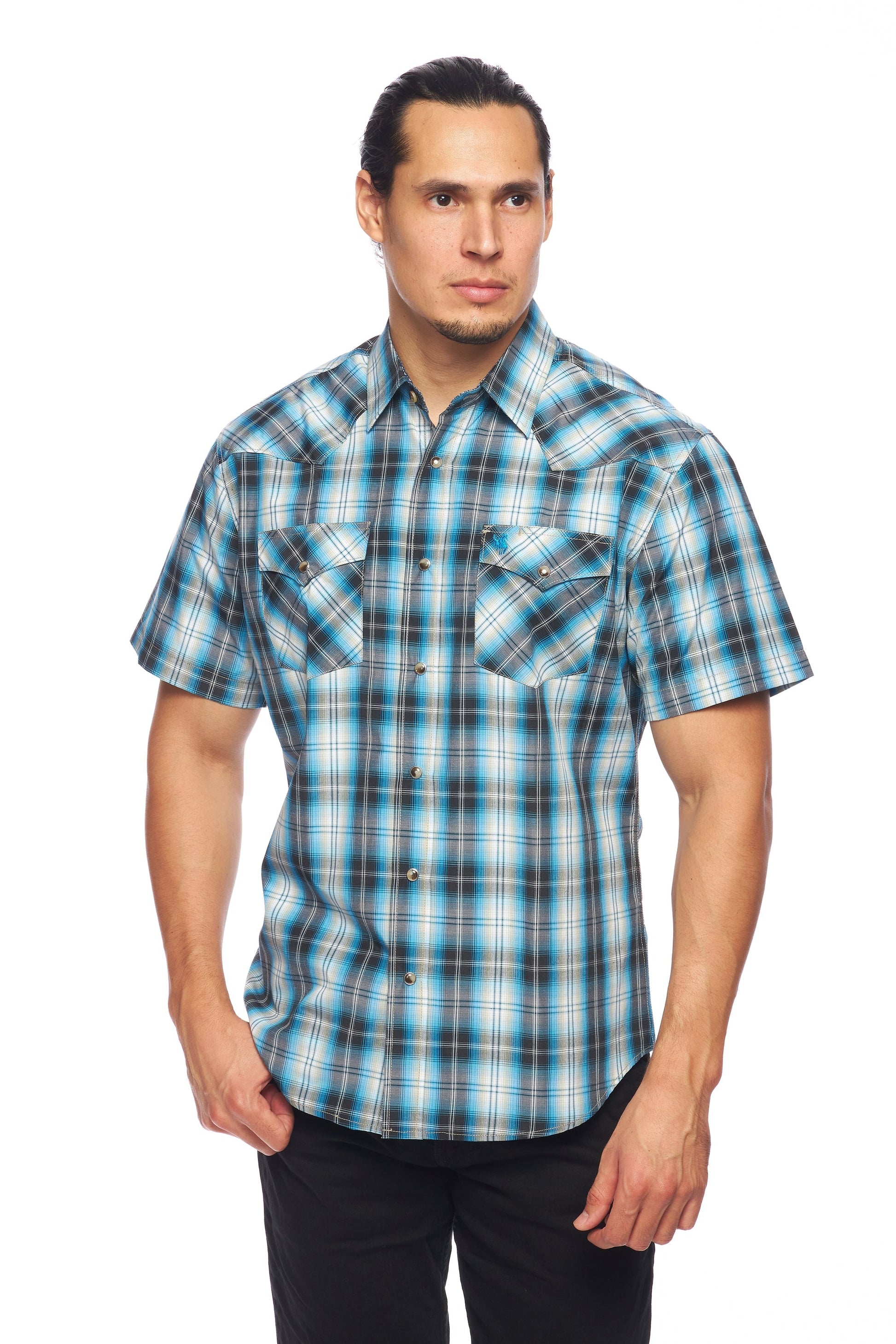 Men's Western Short Sleeve Pearl Snaps Plaid Shirt-PS400S-478 - Rodeo Clothing wholesale 