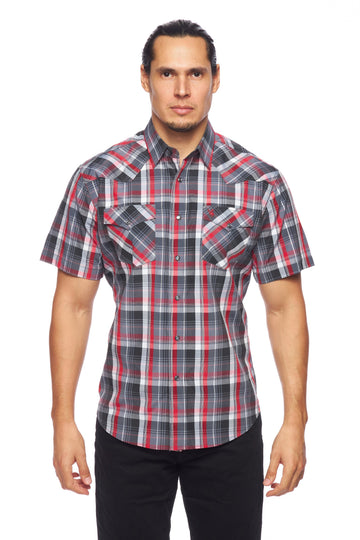 Men's Western Short Sleeve Pearl Snaps Plaid Shirt-PS400S-402 - Rodeo Clothing wholesale 