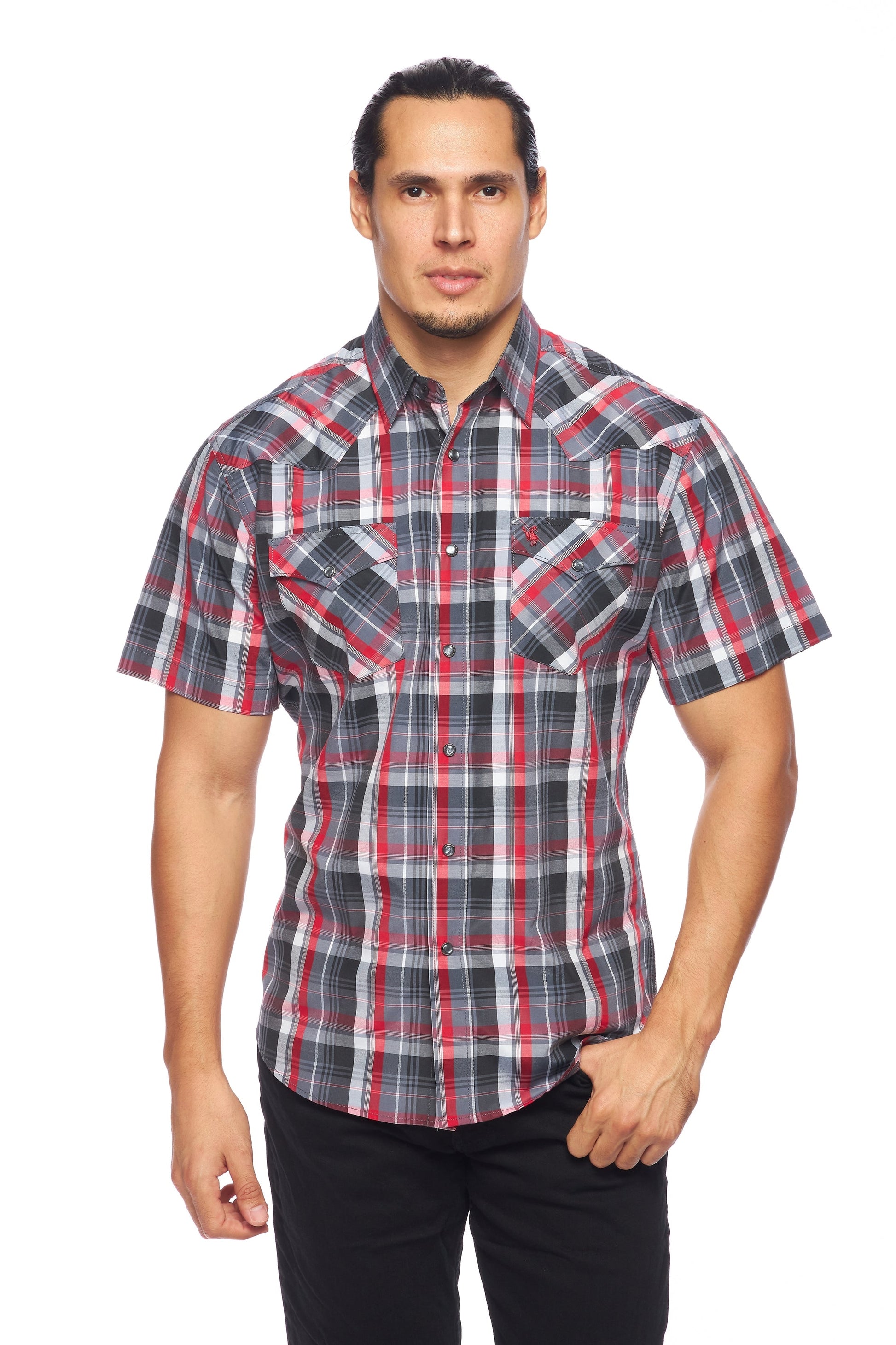 Men's Western Short Sleeve Pearl Snaps Plaid Shirt-PS400S-402 - Rodeo Clothing wholesale 