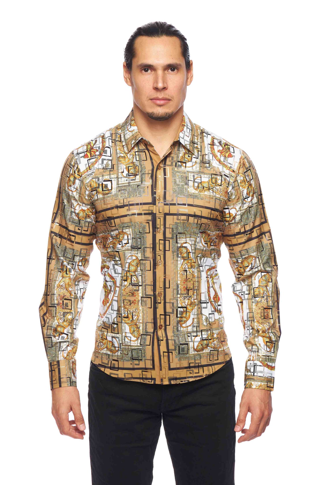 Mens Luxury Brand Printed Silk Like Shirts-HLS2002L-535