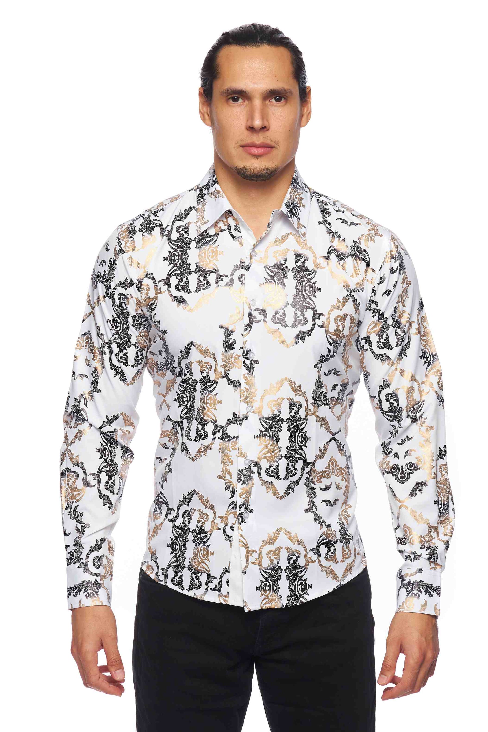 Mens Luxury Brand Printed Silk Like Shirts-HLS2002L-517 - Rodeo Clothing wholesale 