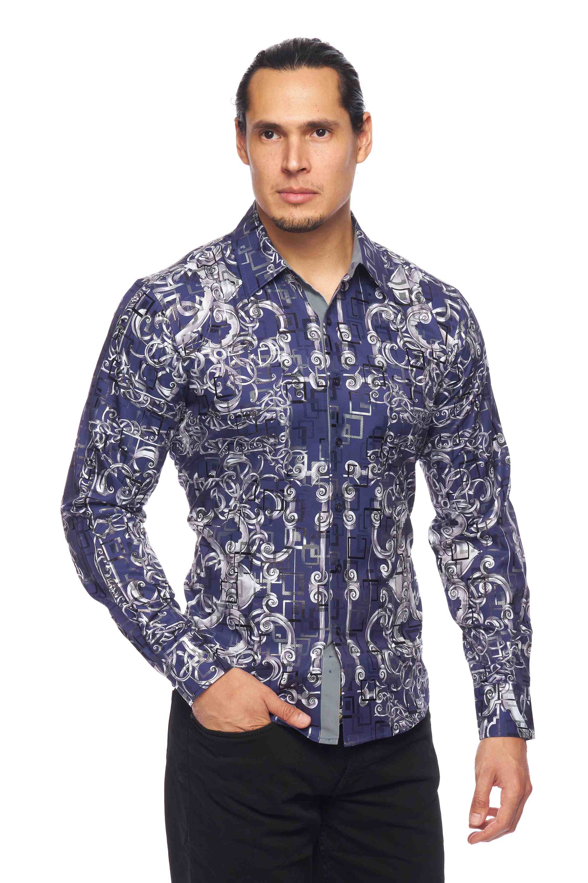 Mens Luxury Brand Printed Silk Like Shirts-HLS2002L-520 - Rodeo Clothing wholesale 