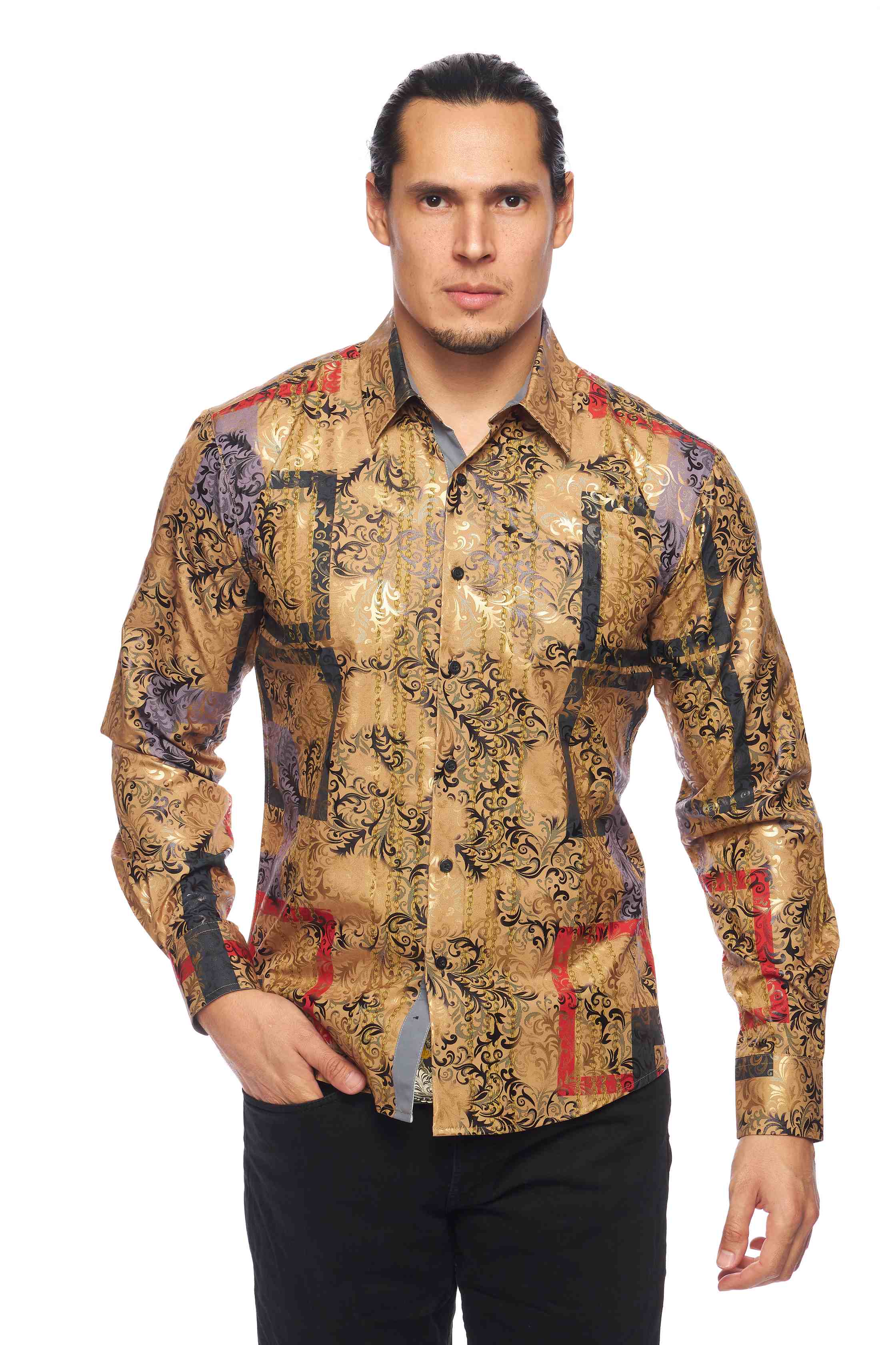 Mens Luxury Brand Printed Silk Like Shirts-HLS2002L-521 - Rodeo Clothing wholesale 