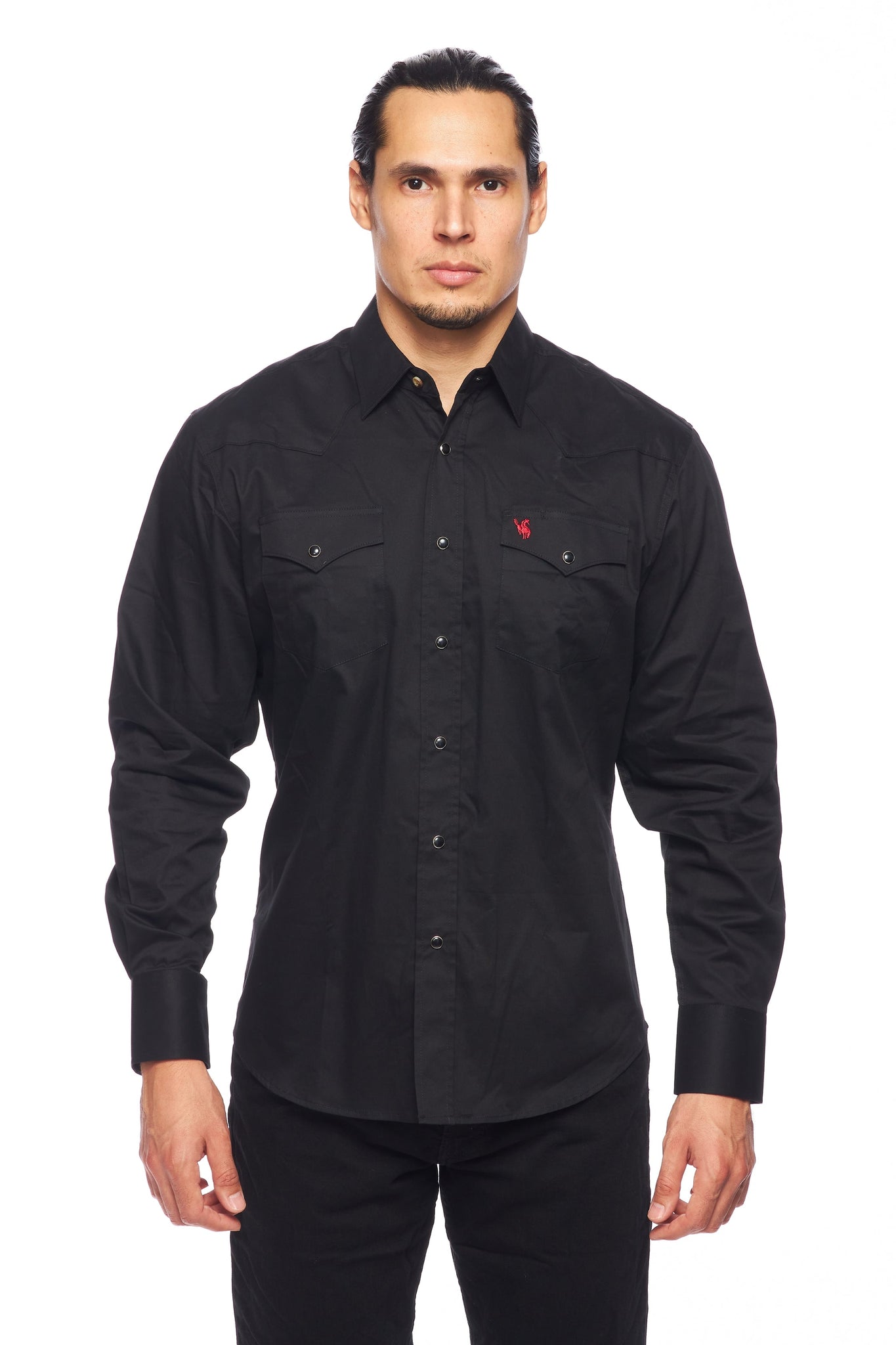 Men's Western Solid Twill Shirt-AC108L-BLACK-RED