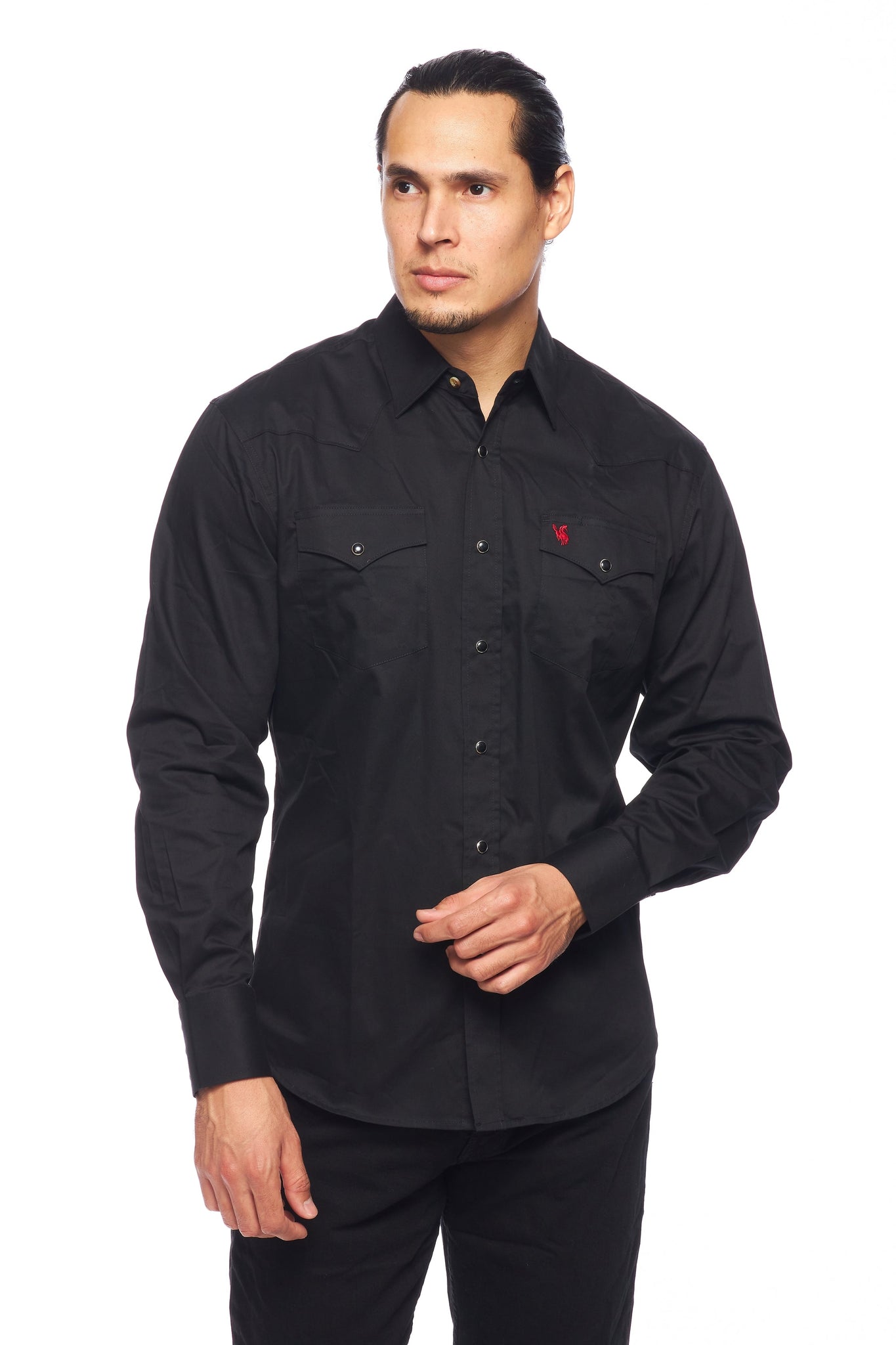 Men's Western Solid Twill Shirt-AC108L-BLACK-RED