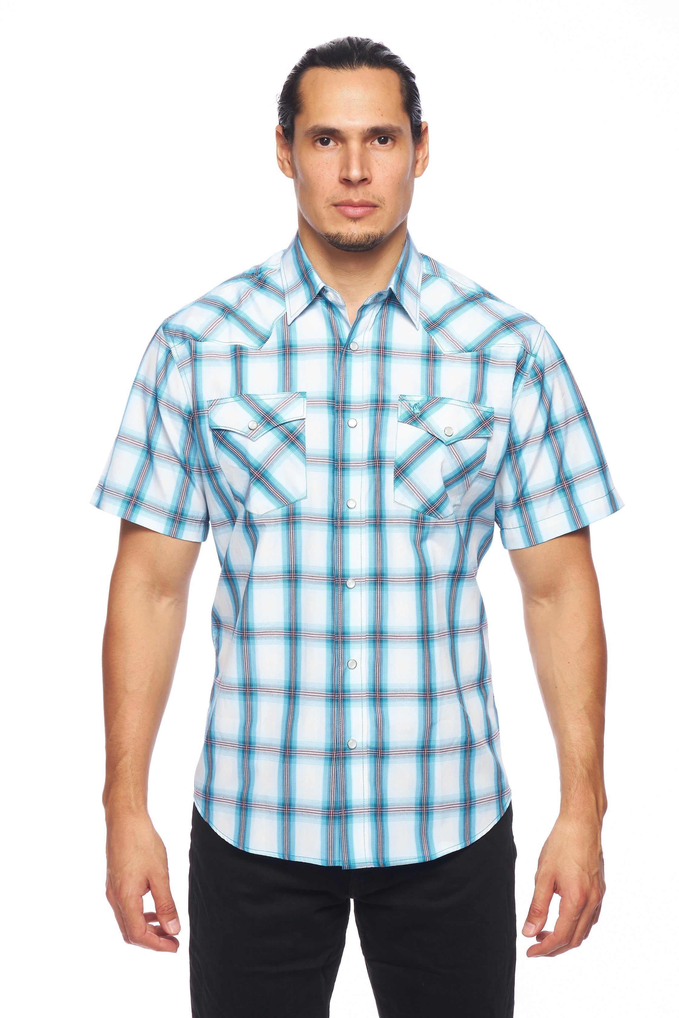 Men's Western Short Sleeve Pearl Snaps Plaid Shirt-PS400S-410 - Rodeo Clothing wholesale 