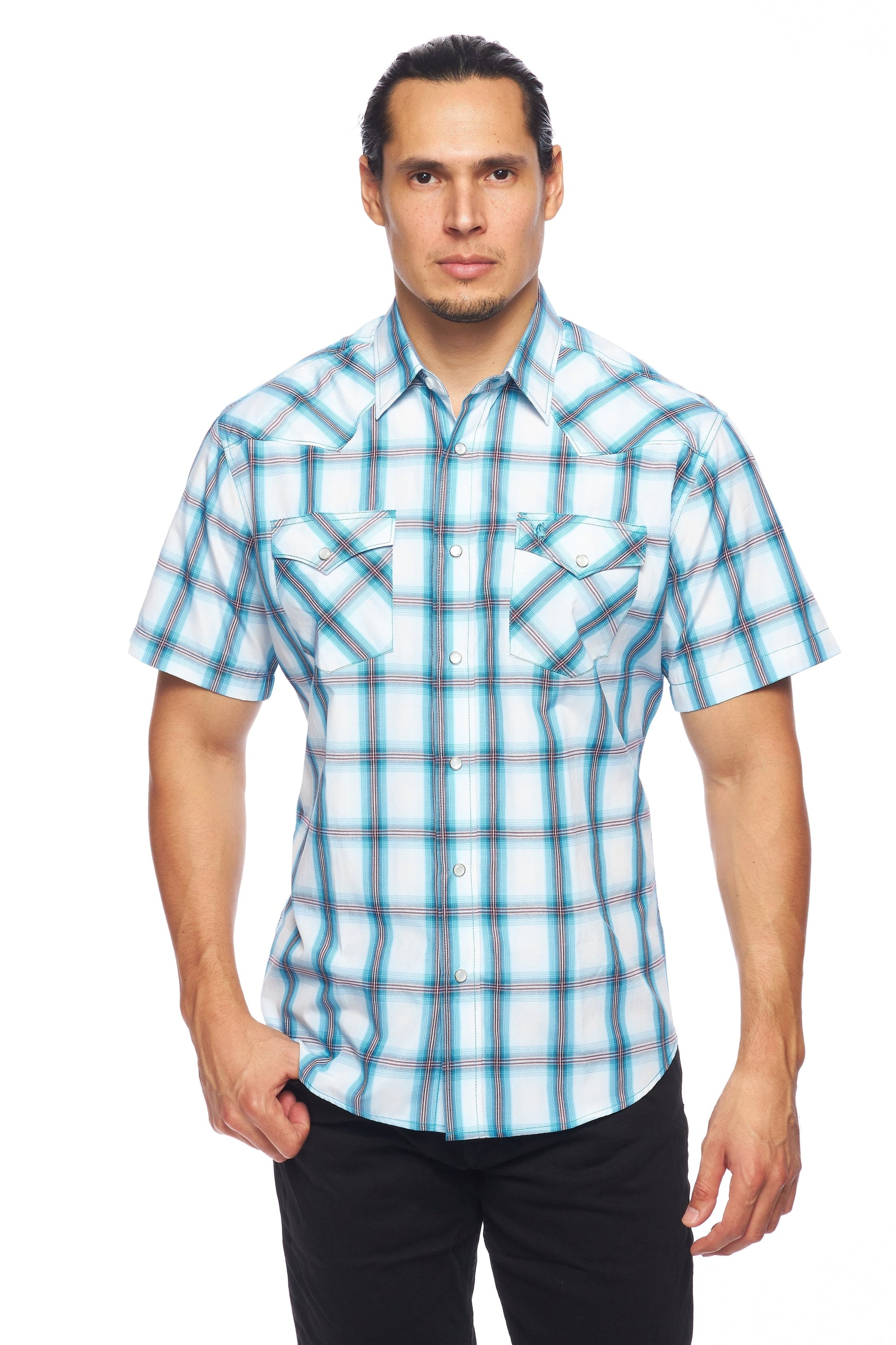 Men's Western Short Sleeve Pearl Snaps Plaid Shirt-PS400S-410 - Rodeo Clothing wholesale 